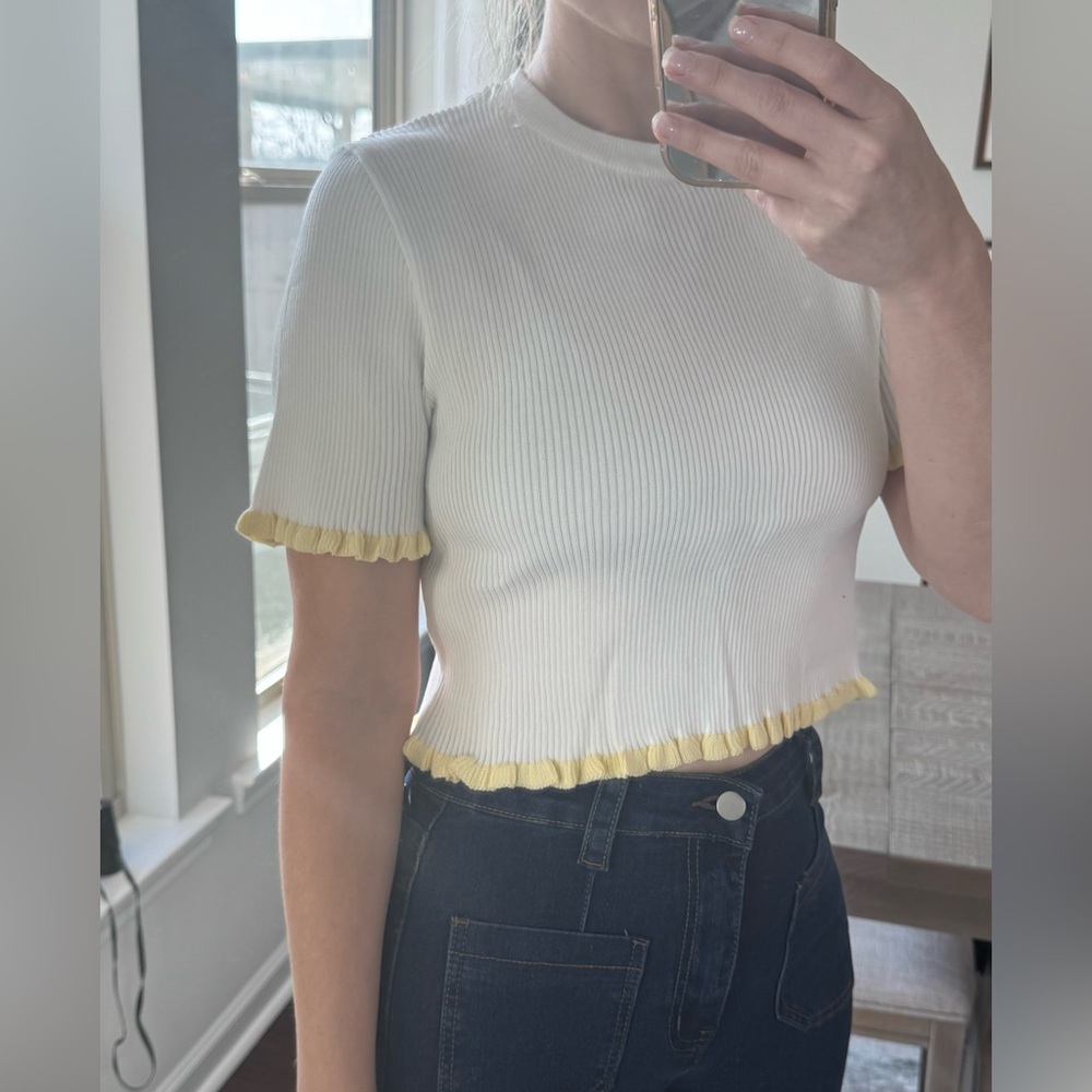White and Yellow Ruffle Trim Top - Picture 7 of 10